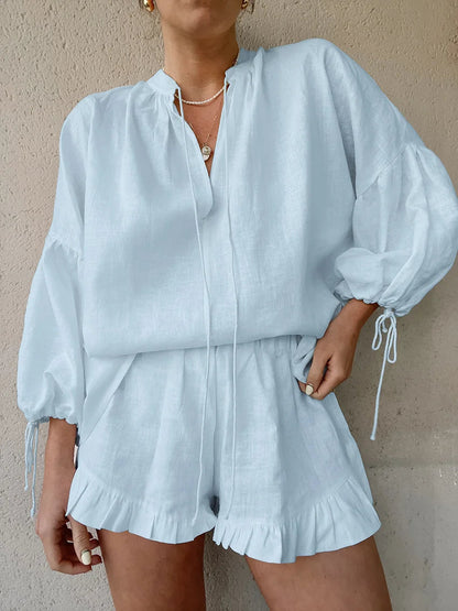 Lantern Sleeve Top Shorts Cotton and Linen Two-piece Set