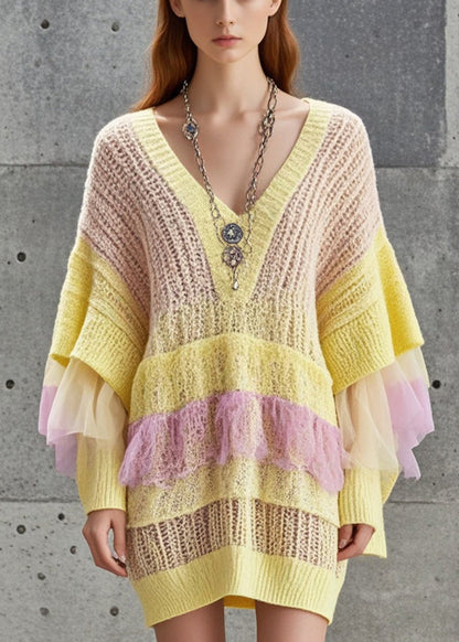 Yellow Hollow Out Patchwork Tulle Knitted Dress Fall