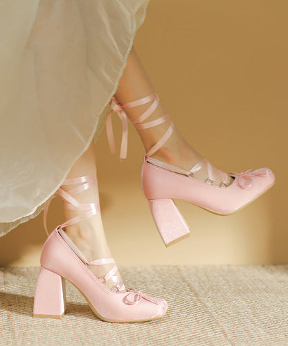 Pink Lace Up Splicing Chunky High Heels Pink Satin
