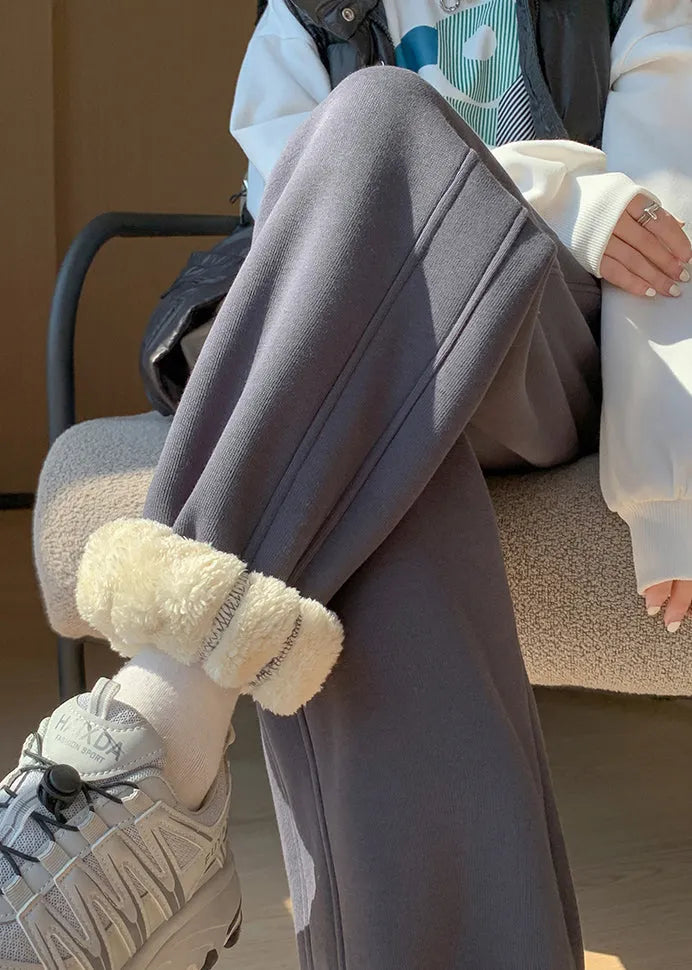 Light Grey Pockets Elastic Waist Warm Fleece Beam Pants Winter
