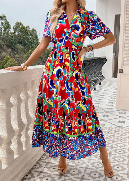 Green Peter Pan Collar Print Cotton Long Dress Summer
