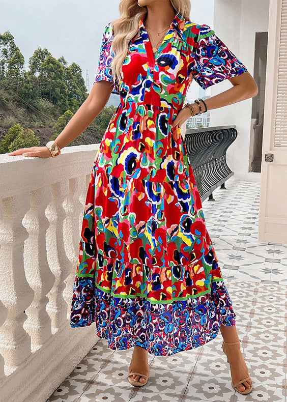 Green Peter Pan Collar Print Cotton Long Dress Summer