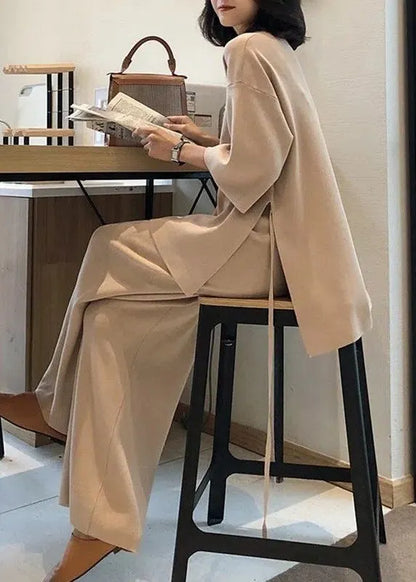 Style Orange V Neck Side Open Knit Two Piece Suit Set Spring