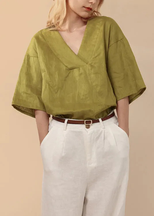 Simple Style Green V Neck Linen T Shirts Summer