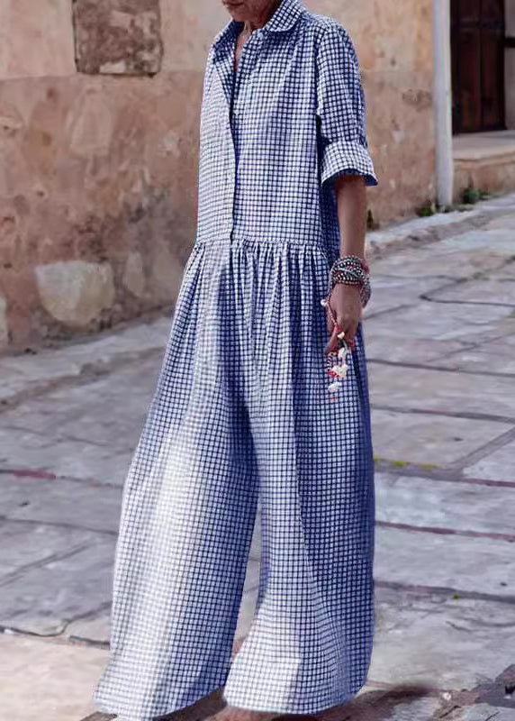 Blue Peter Pan Collar Plaid Button Cotton Jumpsuit Fall