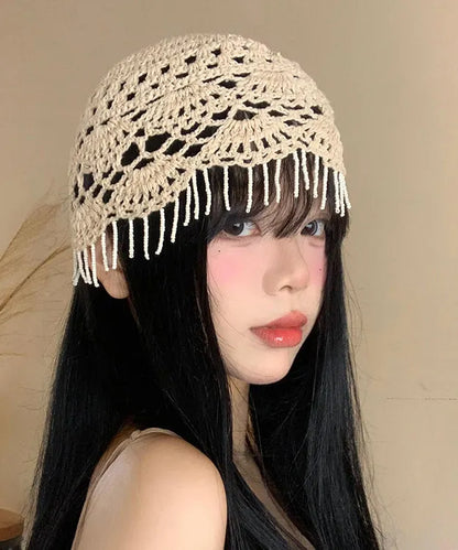Beige Tassel Hollow Out Knit Boonie Hat