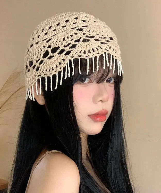 Beige Tassel Hollow Out Knit Boonie Hat