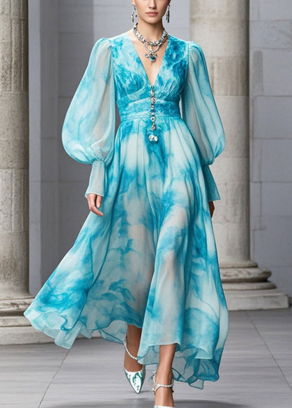 Blue V Neck Tie Dye Chiffon Maxi Dresses Fall