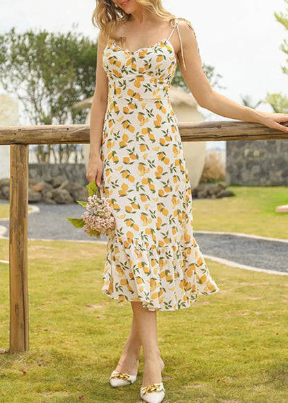 Green Print Lace Up Cotton Spaghetti Strap Dress Summer