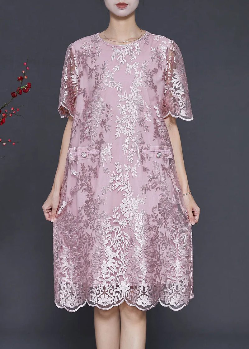 Pink Embroidered Silk Tea Dress Summer