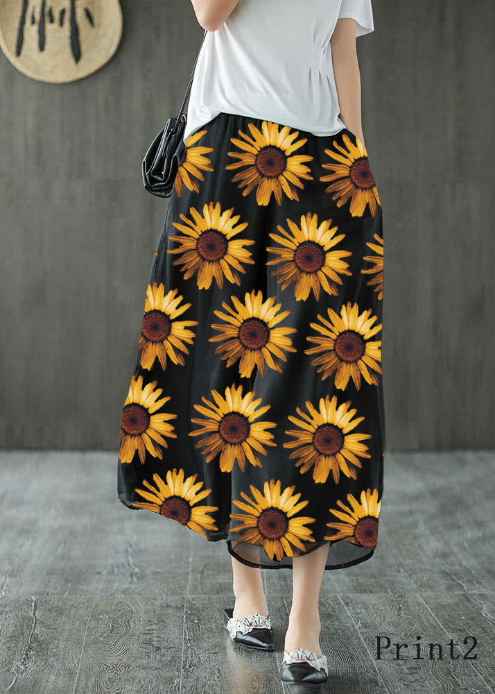 Handmade Black-print1 Elastic Waist Retro Wide Leg Crop Pants