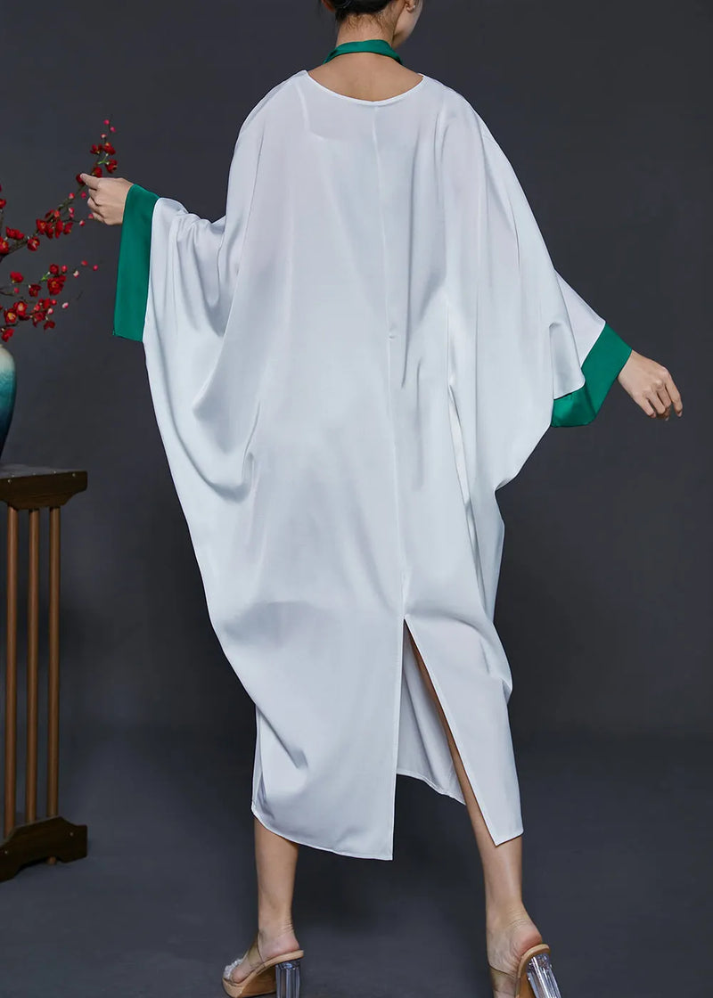 White Oversized Patchwork Silk Dresses Batwing Sleeve