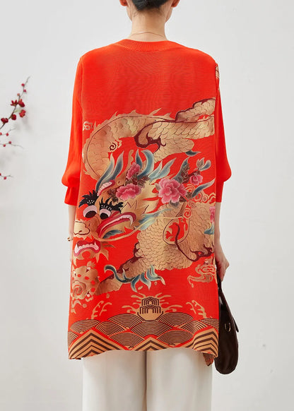 Red Dragon Print Cotton Short Dress Spring