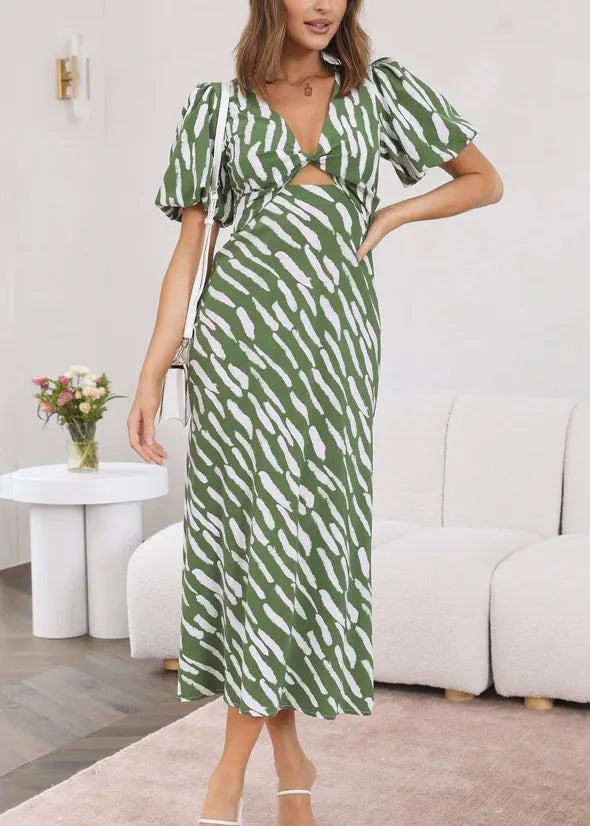 Fine Orange V Neck Puff Sleeve Print Cotton Vacation Dresses