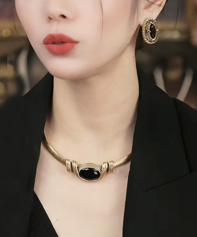 Black Sterling Silver Overgild Agate Choker