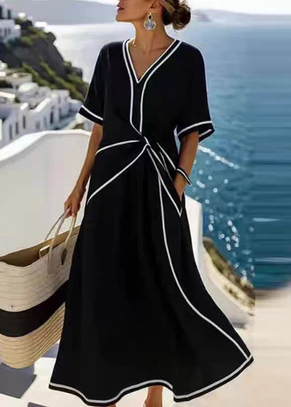 Apricot V Neck Wrinkled Pockets Cotton Long Dress Summer