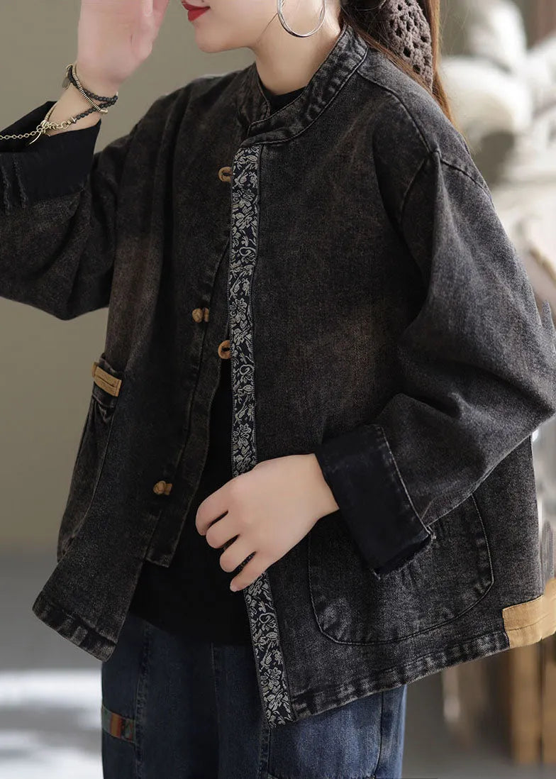 Black Oversized Pockets Patchwork Cotton Denim Coats Fall