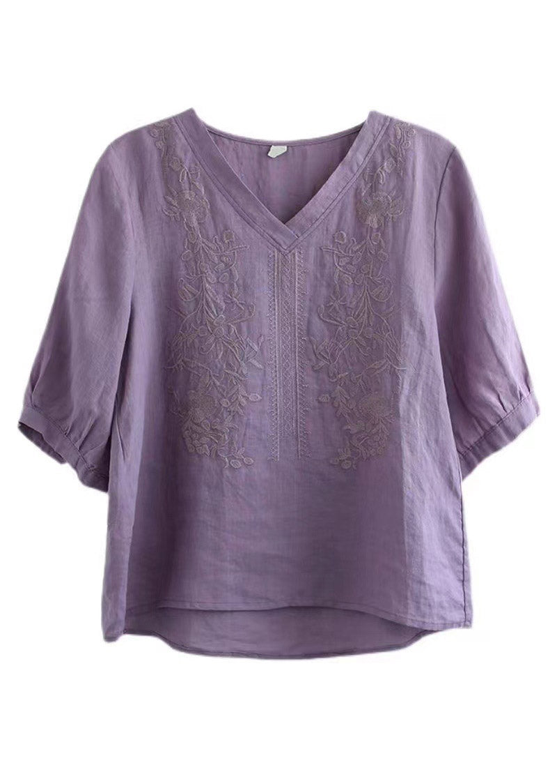 Purple V Neck Embroidered T Shirt Half Sleeve