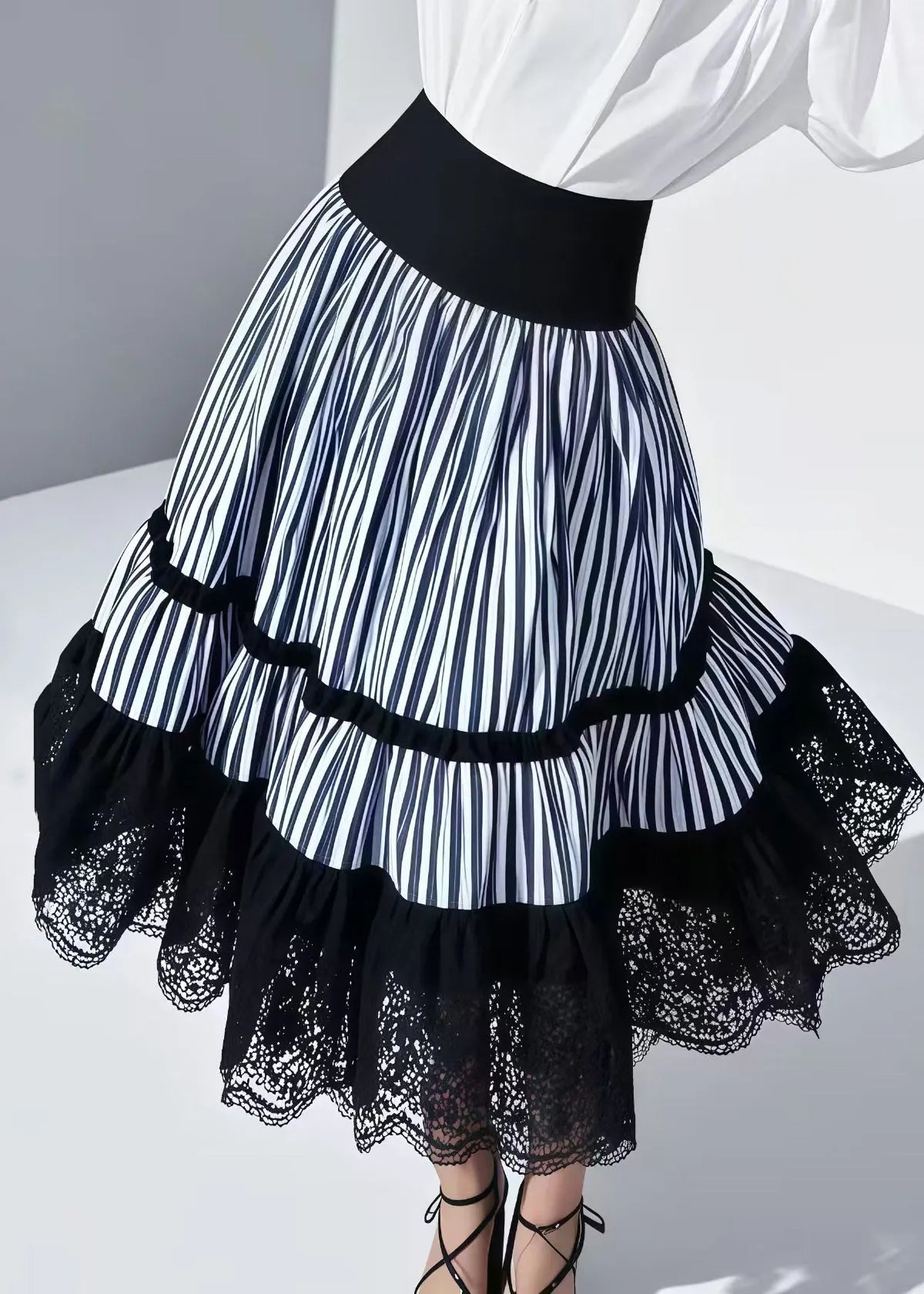 Blue Striped Patchwork Lace Skirt Summer