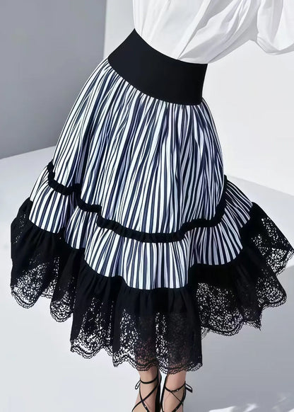 Blue Striped Patchwork Lace Skirt Summer