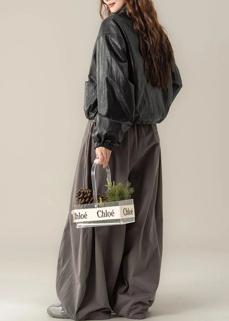 Classy Black Stand Collar Drawstring Faux Leather Coat Spring