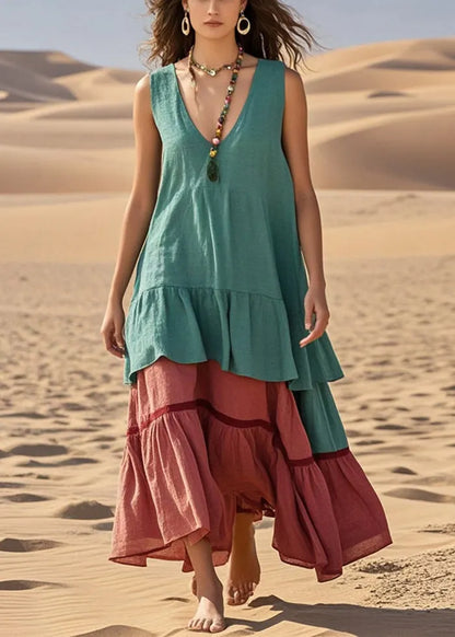 Green Oversized Patchwork Cotton Ankle Dress Summer