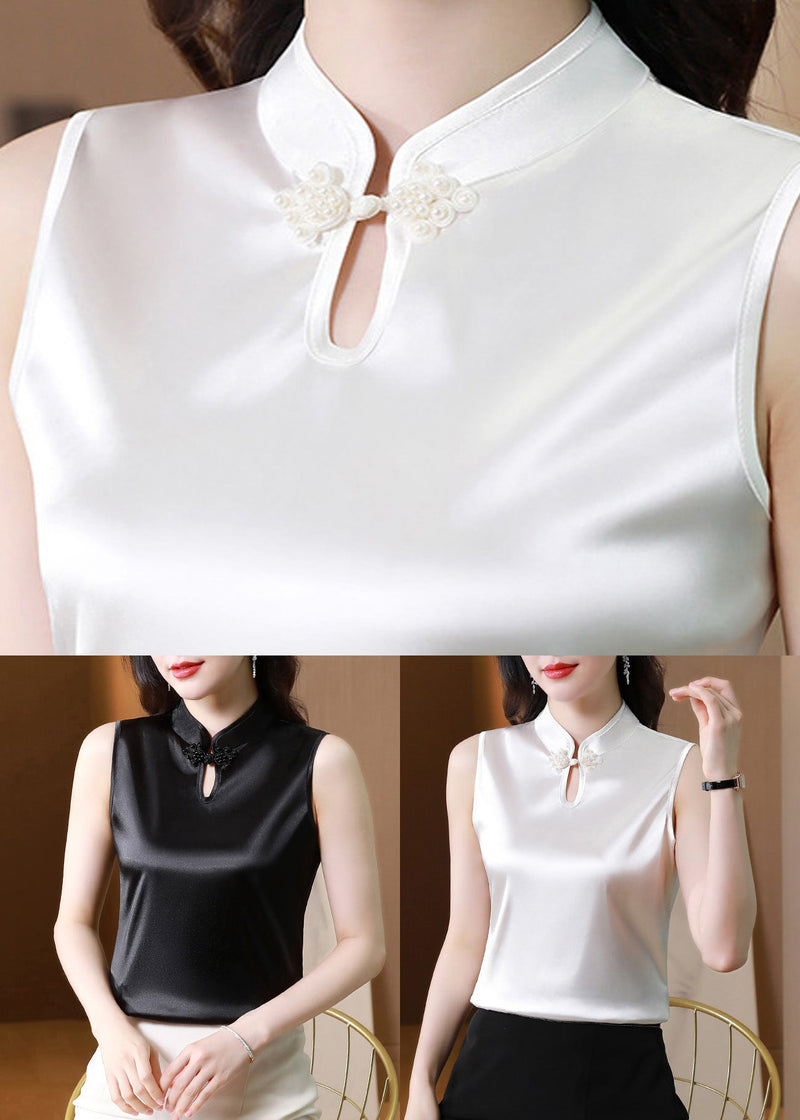 Black Button Stand Collar Silk Vest Summer