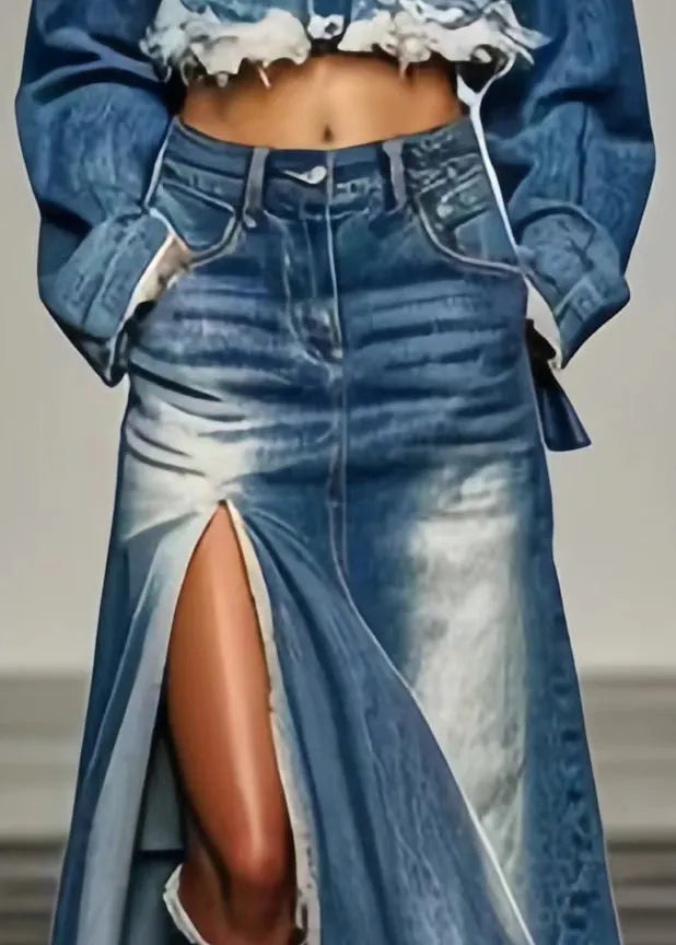 Blue Pockets Side Open a Line Skirts Summer