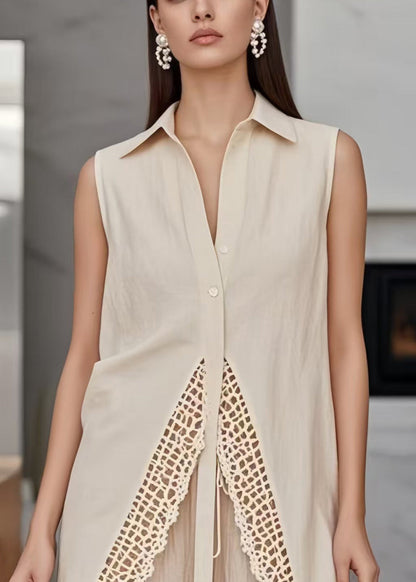Apricot Side Open Patchwork Lace Long Vests Sleeveless