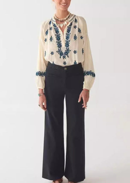 New Beige Embroidered Puff Sleeve Cotton Shirt Top