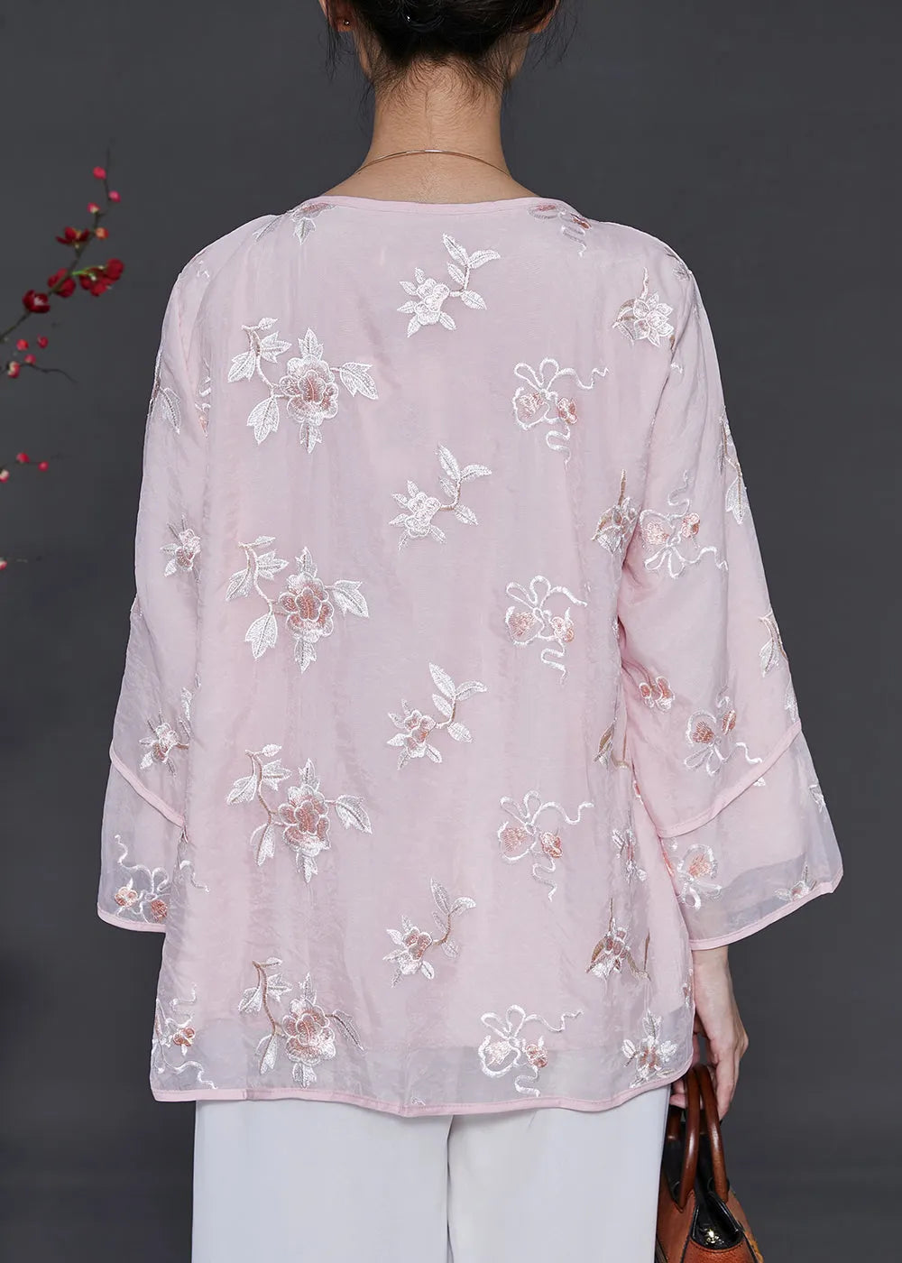 Pink Embroidered Organza Blouses Summer