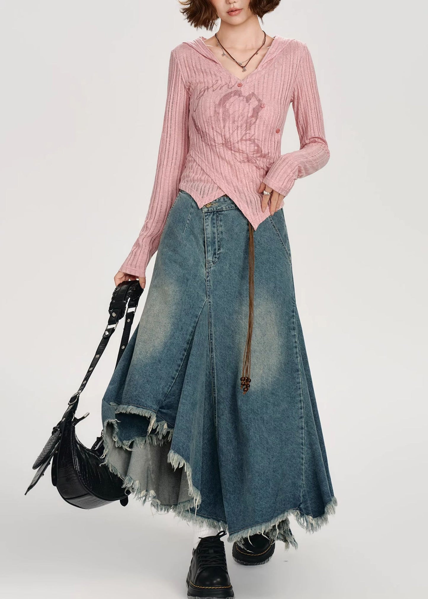 Diy Pink Asymmetrical Print Knit Tops Spring
