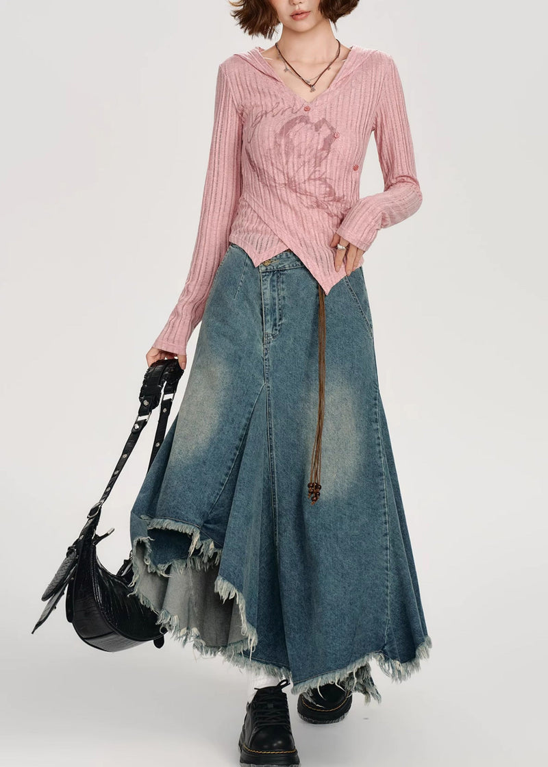 Diy Pink Asymmetrical Print Knit Tops Spring