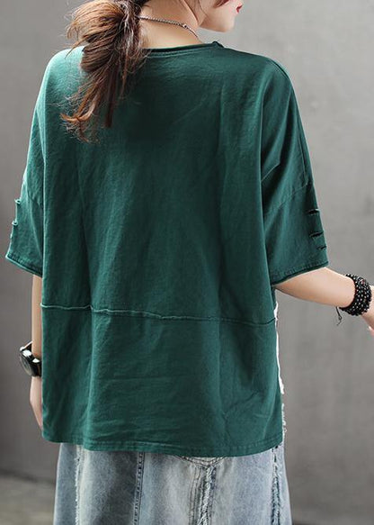Red Cotton Clothes for Korea Summer Loose Retro Ripped Hole Embroidery T-shirt