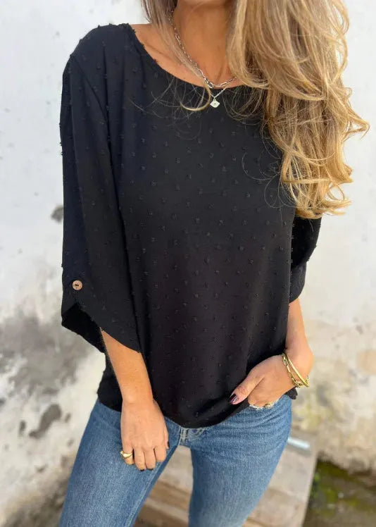 Apricot O Neck Jacquard Cotton Tops Bracelet Sleeve