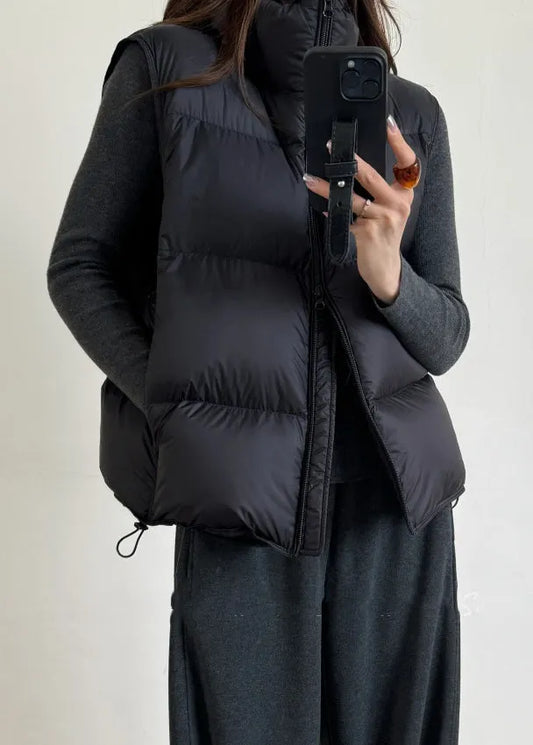 Black Drawstring Duck Down Winter Waistcoat Zip Up