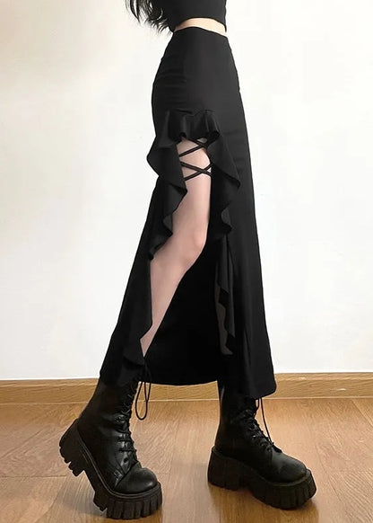 Black Ruffled Patchwor Side Open Fishtail Skirt Summer
