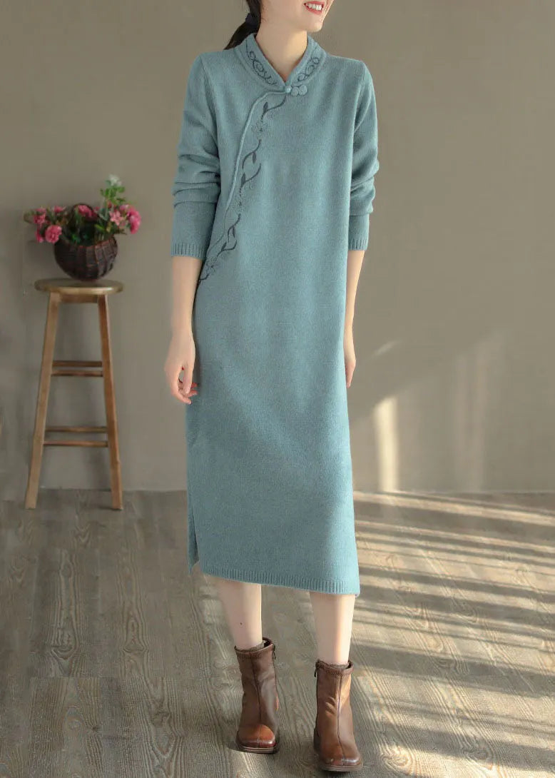Blue Oriental Long Knit Dress Embroidered Side Open Winter