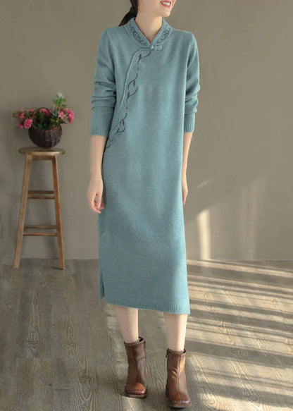 Blue Oriental Long Knit Dress Embroidered Side Open Winter