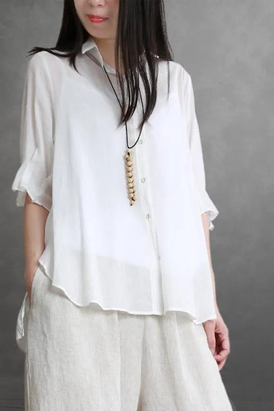 Summer Loose Cotton Linen Shirt Short Blouse
