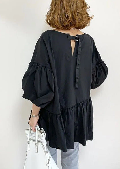 Fitted Black V Neck Patchwork Ruffles Cotton Shirts Lantern Sleeve