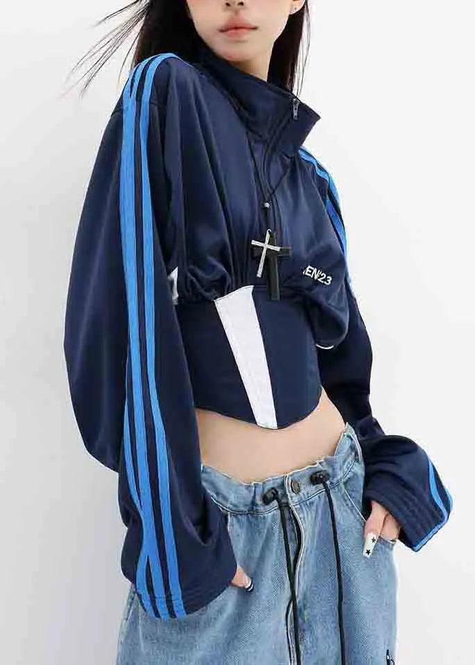 Stylish Navy Stand Collar Patchwork Spandex Jacket Fall