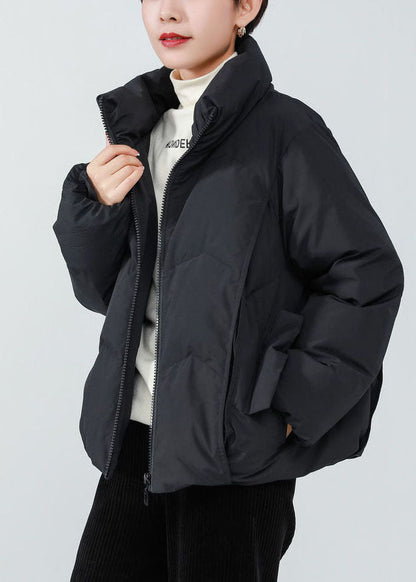 French Black Stand Collar Oversized Duck Down Winter Coats Long Sleeve