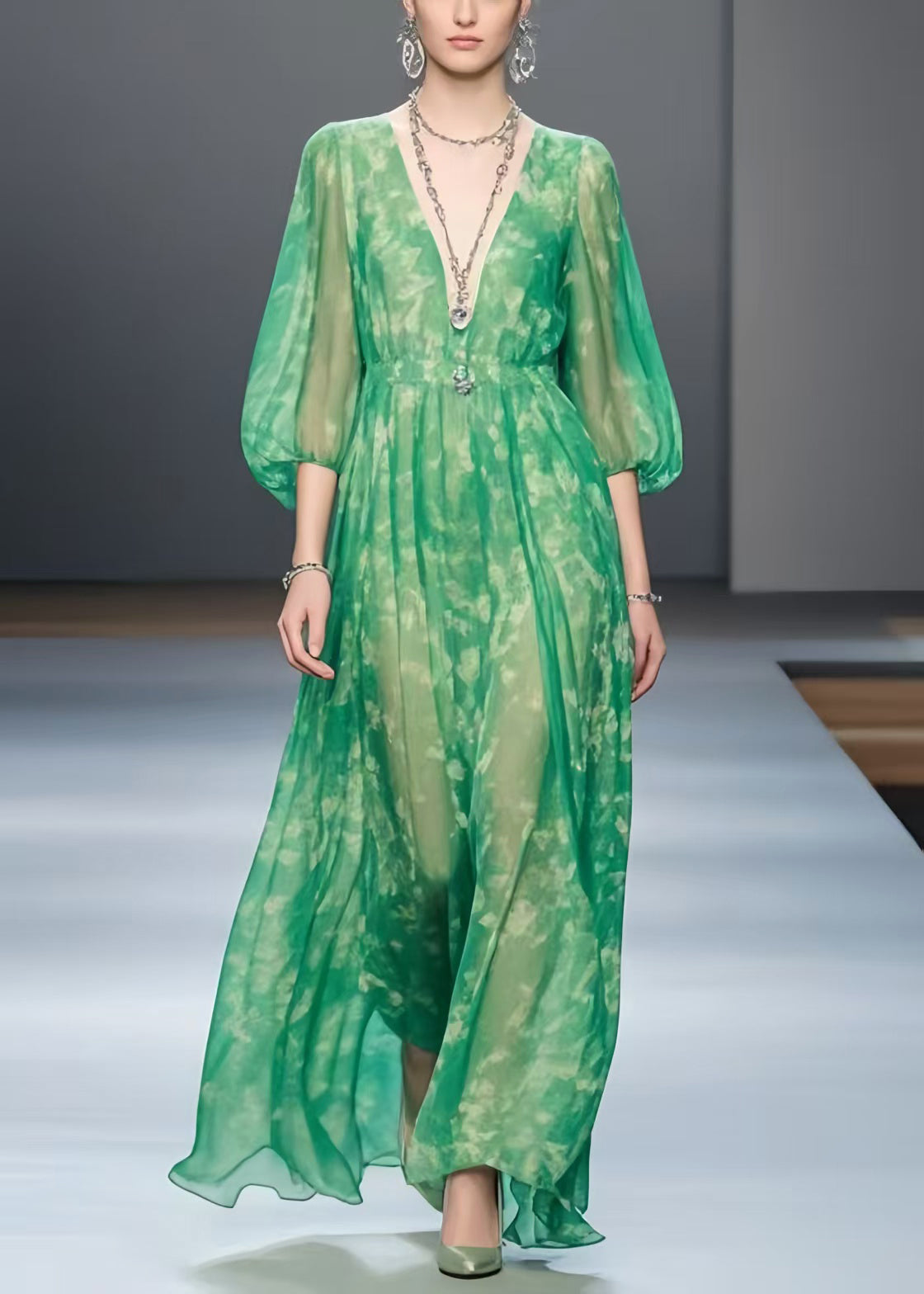 Green Print Chiffon Robe Dresses Bracelet Sleeve