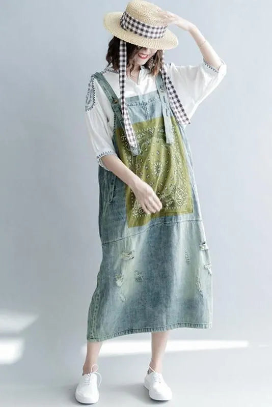 Loose Print Blue Denim Sundresses Outfits