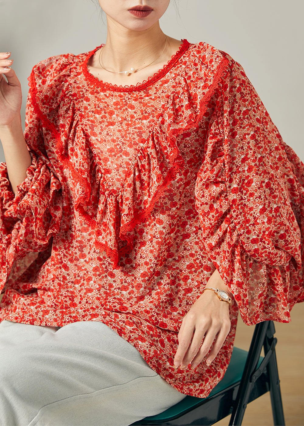 Red Ruffled Print Chiffon Blouse Top Butterfly Sleeve