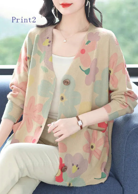 V Neck Print Pockets Woolen Cardigans Spring