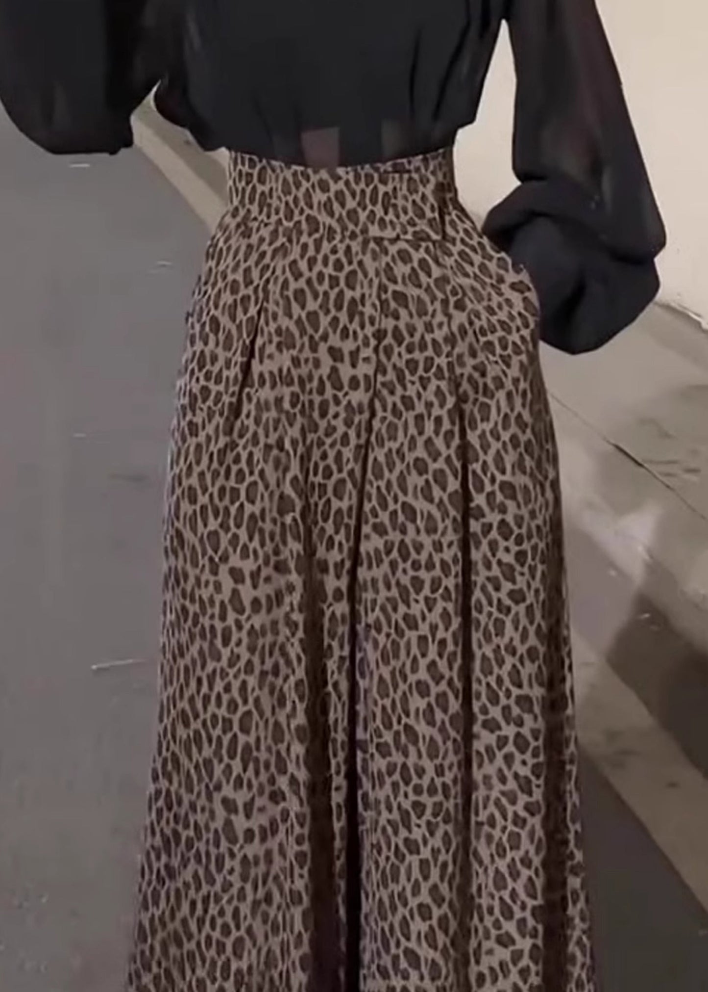 Leopard Pockets High Waist Cotton Wide Leg Pants Fall