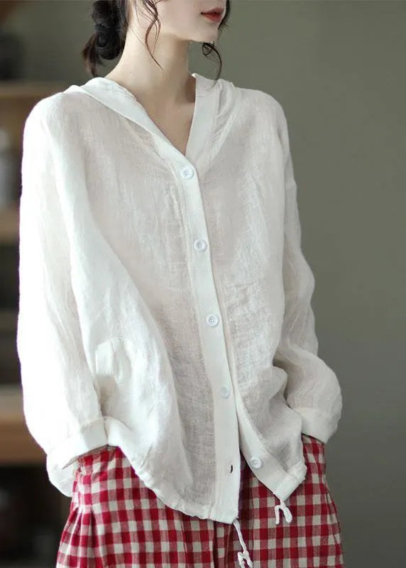 French Red Button Hooded Ramie Long Sleeve Shirt Tops