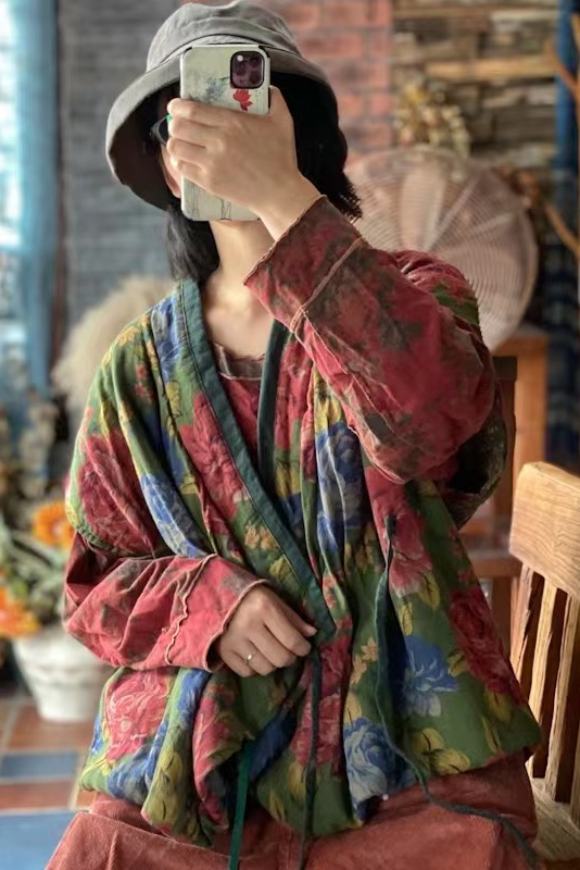-red and Green Loose Padded Lace-up Jacket